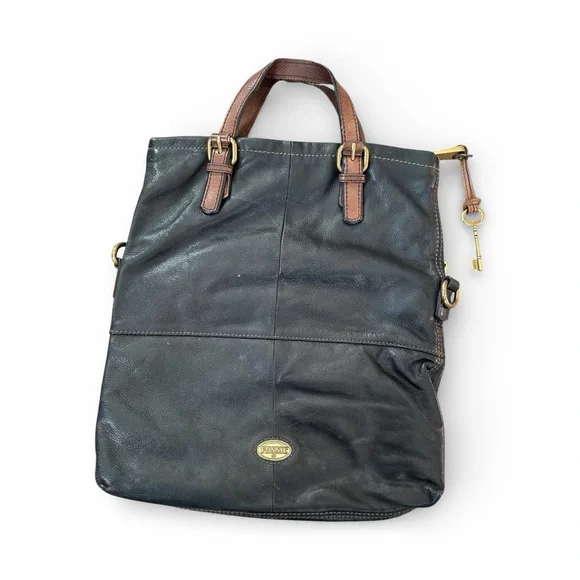 2 Vintage Leather Fossil Tote bags Purses brown & Black - Picture 7 of 9